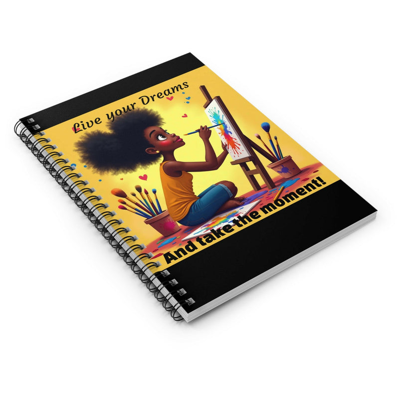 Inspirational Spiral Notebook with vibrant cover of young artist painting, featuring "Live your Dreams and take the moment" motivational text, spiral binding, and compact size.