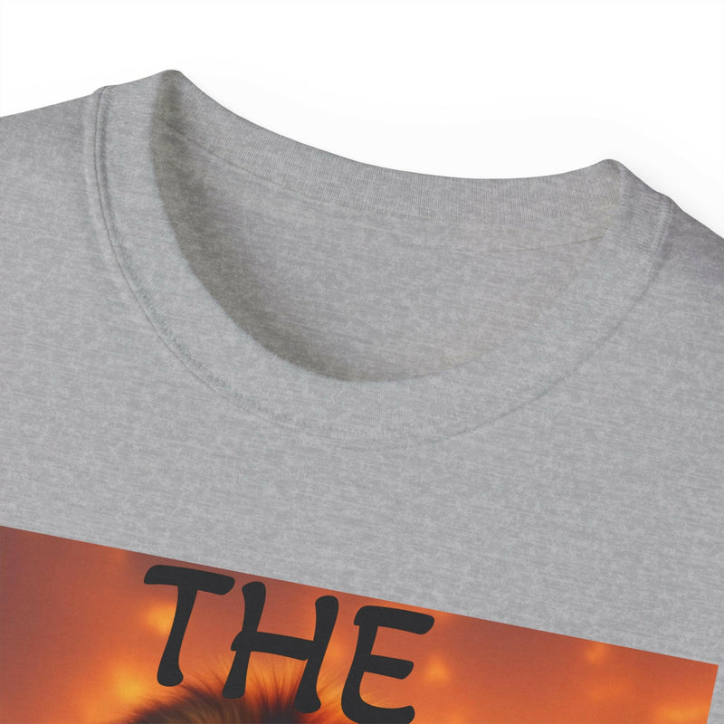 Close-up of Lion King Unisex Ultra Cotton Tee showing ribbed collar and vibrant graphic print on grey fabric
