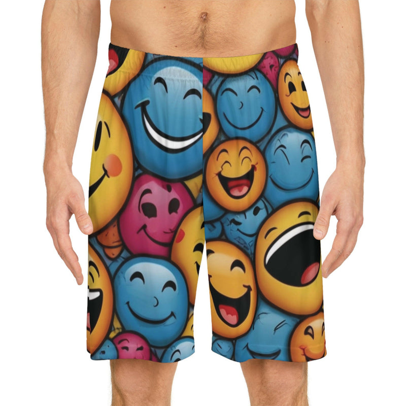 Smiley face design on basketball shorts showcasing a cheerful and sporty style perfect for athletic wear.
