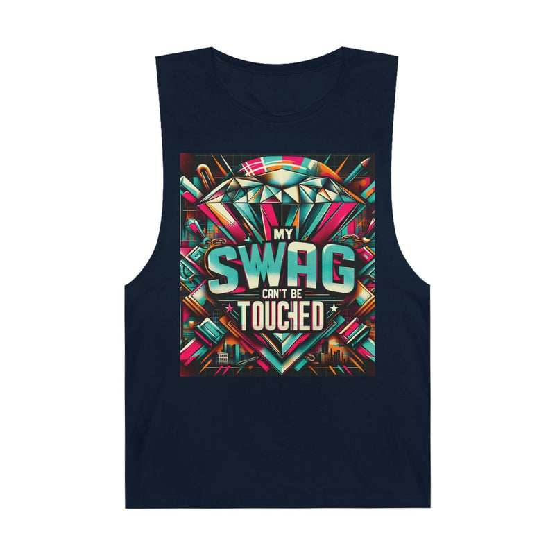 Navy unisex graphic tank top with colorful "My Swag Can't Be Touchied" design for casual summer wear.