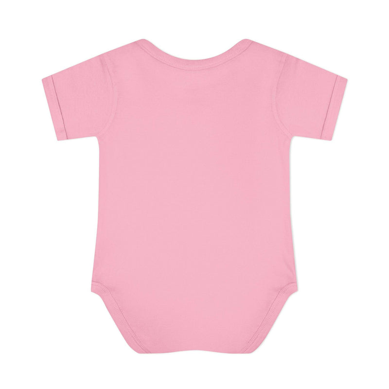 Pink baby bodysuit made of 100% cotton with lap shoulder design and three-snap closure for infants.
