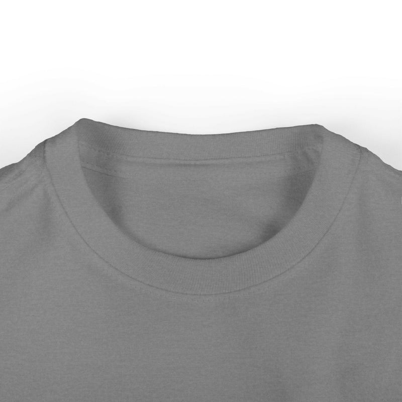 Close-up of grey cool infant fine jersey tee with ribbed knit collar designed for baby comfort and durability