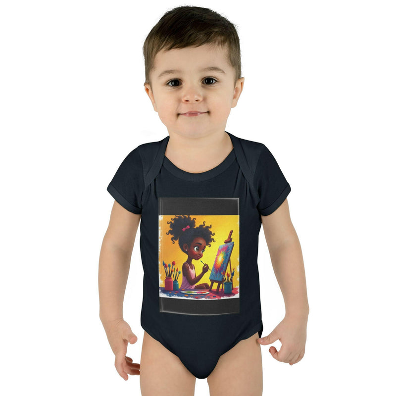 Infant wearing black baby bodysuit with colorful painting girl illustration, comfortable unisex cotton romper for toddlers and newborns