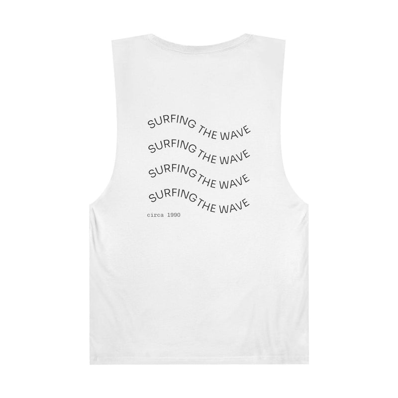 White unisex graphic tank top with "Surfing the Wave" text design, casual summer beachwear.