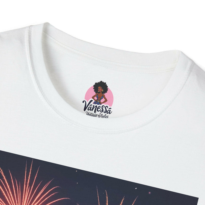 Patriotic shirt featuring vibrant fireworks design, ideal for national celebrations and festive events