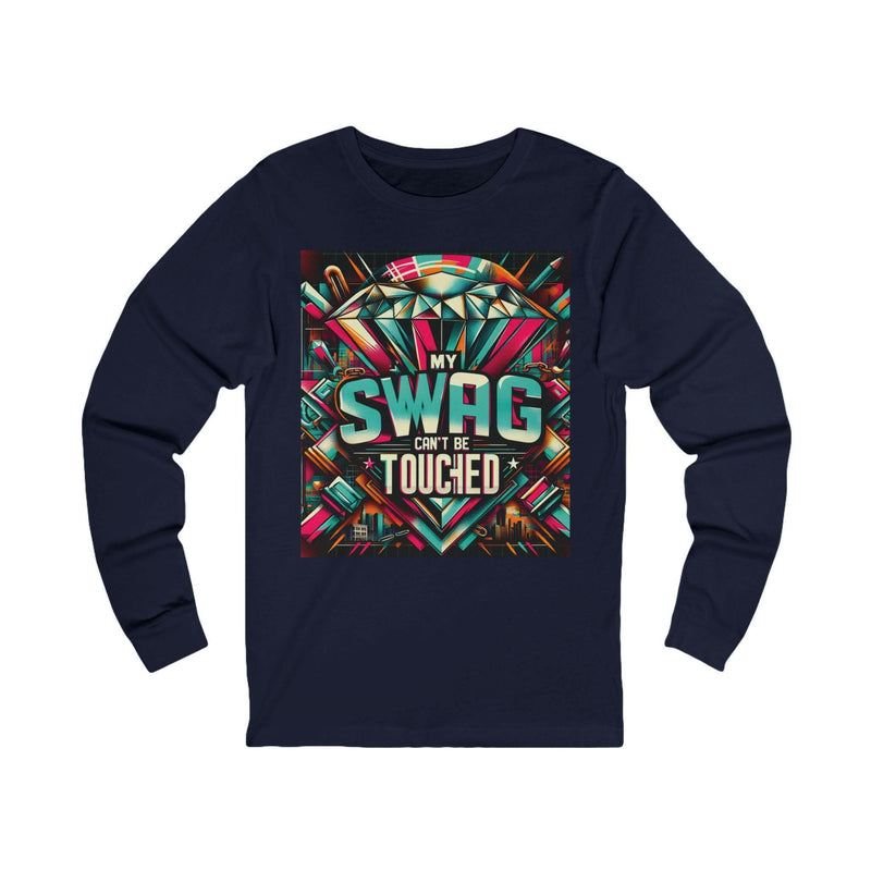 Navy unisex long sleeve tee with colorful "My Swag Can't Be Touched" graphic print, casual fashion top.