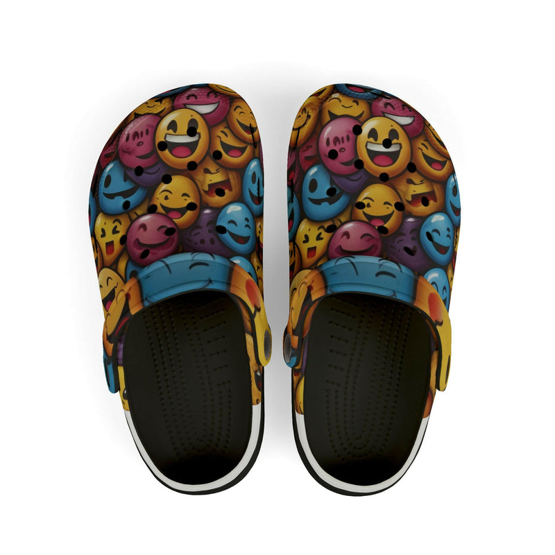 Smiling emoji wearing traditional wooden clogs, symbolizing happiness and cultural footwear fusion.