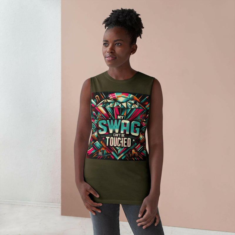 Unisex graphic tank top with colorful geometric swag design, sleeveless summer casual wear