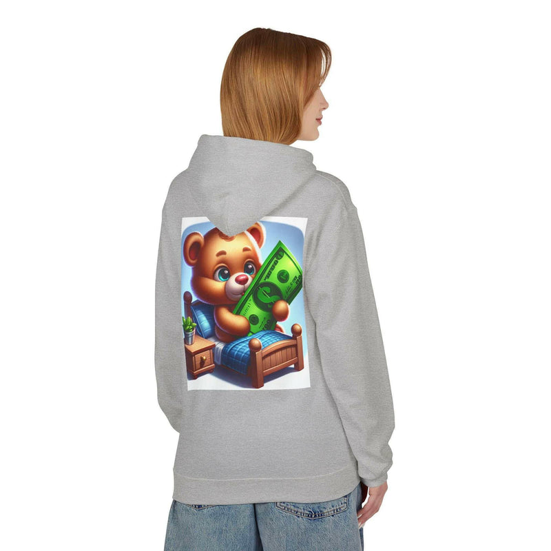 Unisex grey Built Differently Blessing hoodie with a colorful teddy bear holding a dollar bill graphic on the back, soft fleece fabric and relaxed fit.