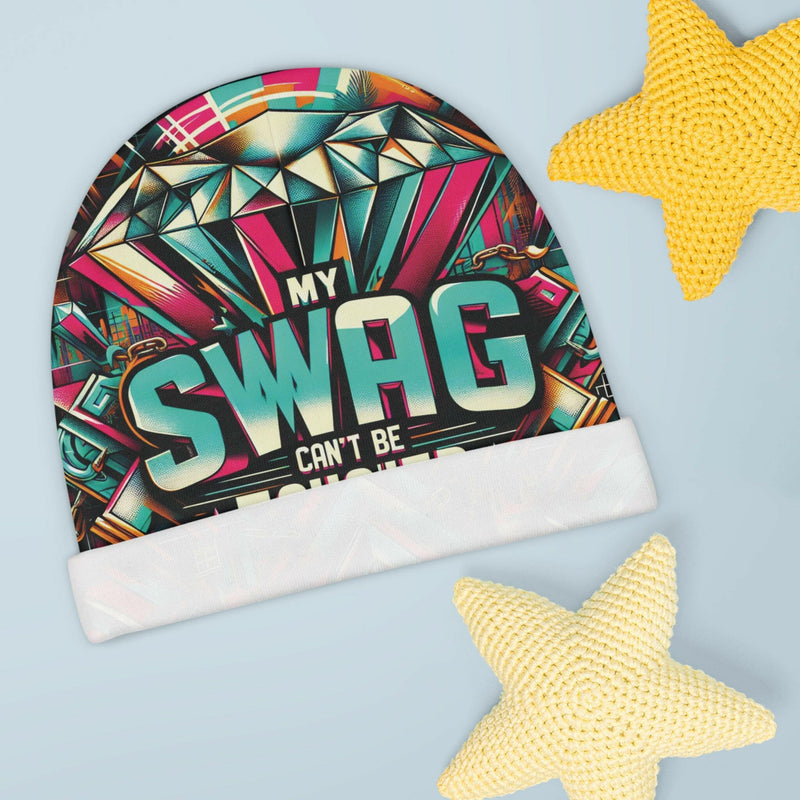 Colorful trendy baby beanie with "My Swag Can't Be Touched" text, stylish infant hat for newborns and toddlers.