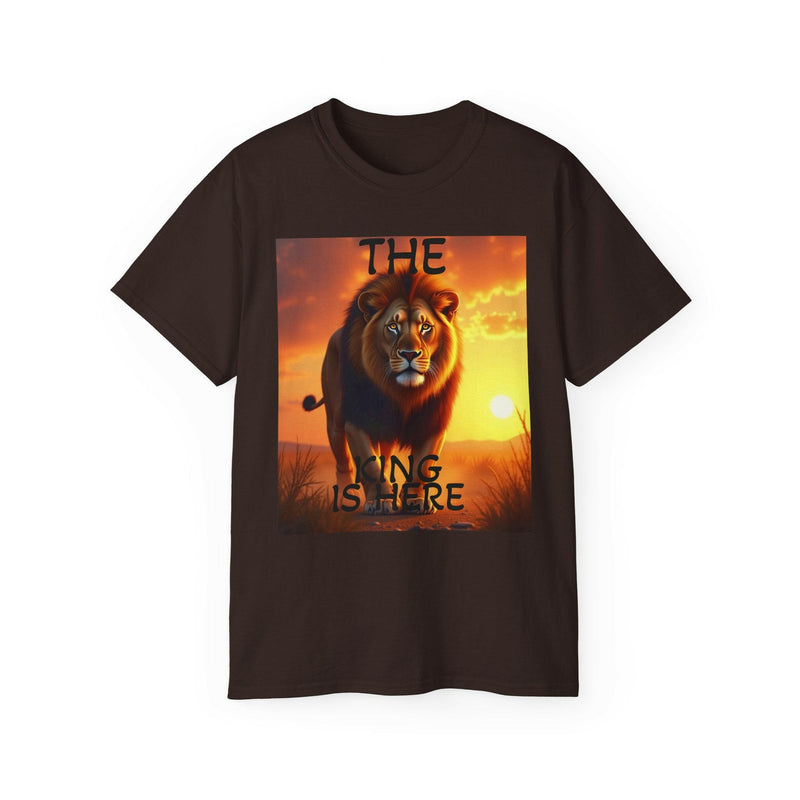 Lion King Unisex Ultra Cotton Tee with bold lion graphic and sunset background, casual and comfortable unisex shirt.