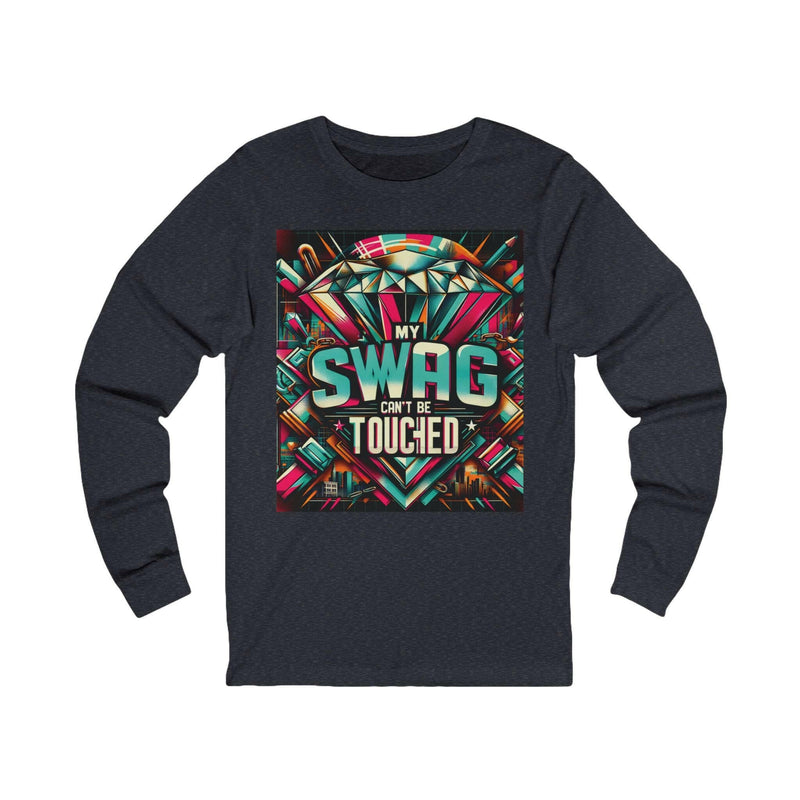 Unisex swag long sleeve tee with vibrant graphic "My Swag Can't Be Touched" on dark fabric, casual and comfortable fashion top.