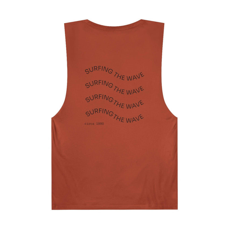 Unisex graphic tank top in rust color with "Surfing the Wave" text design on the back, casual summer wear.