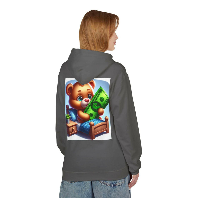 Unisex dark grey Built Differently Blessing hoodie with teddy bear holding money graphic on back, soft fleece pullover sweatshirt.