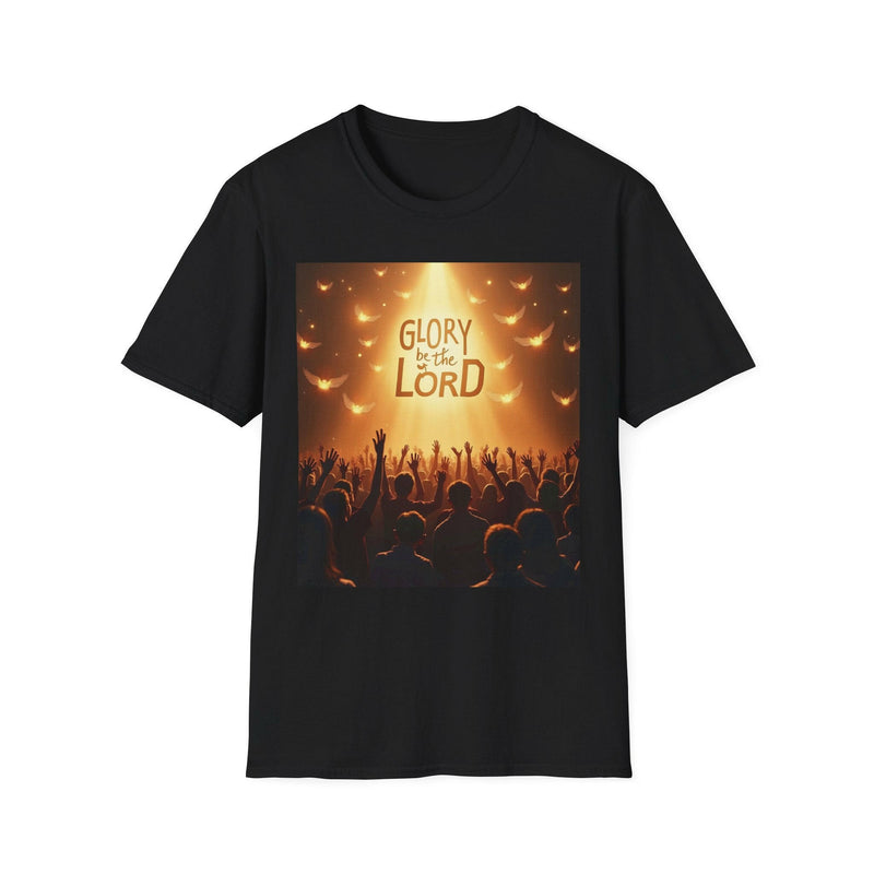 Black unisex softstyle t-shirt with "Glory be to the Lord" inspirational Christian design and crowd silhouette under warm light rays
