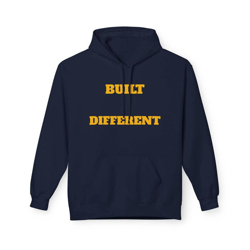 Navy blue unisex hoodie with "Built Different" yellow text, soft fleece, relaxed fit, pouch pocket, lightweight pullover sweatshirt.