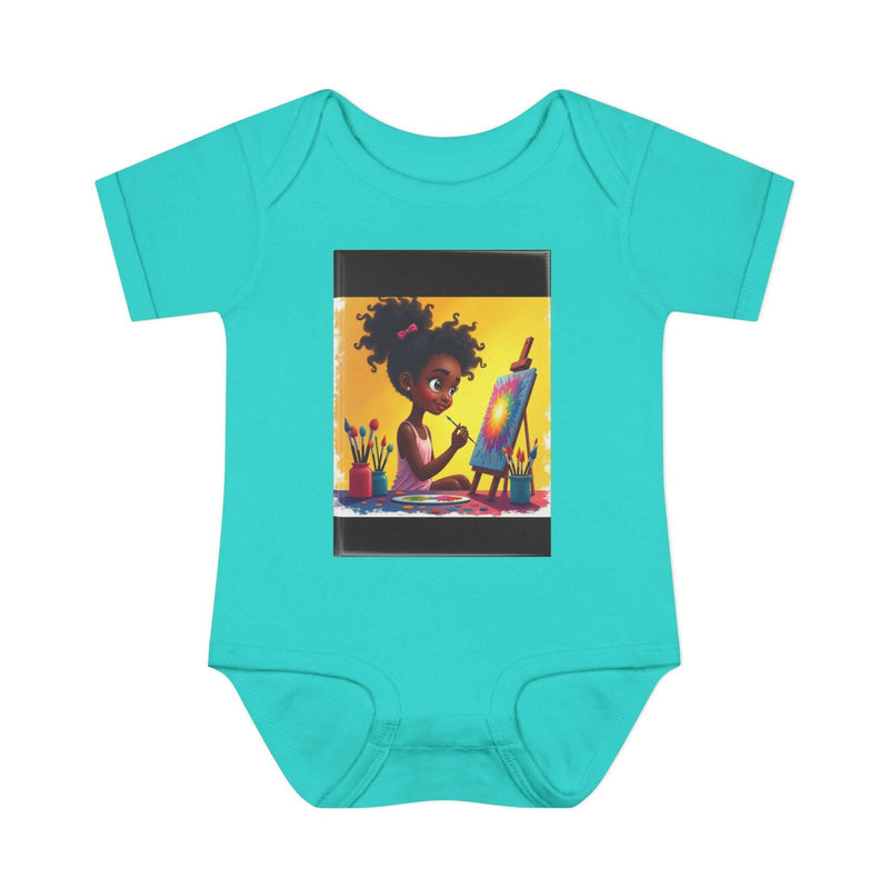 Turquoise baby bodysuit featuring an illustration of a young girl painting on a canvas, made from 100% combed cotton with three-snap closure and lap shoulder design.