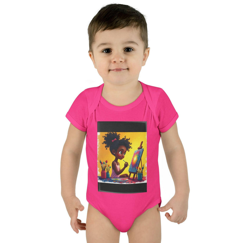 Infant wearing pink baby bodysuit with colorful painting girl print, comfortable cotton romper for toddlers