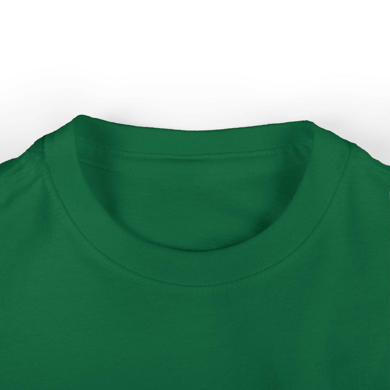Close-up of green cool infant fine jersey tee collar with ribbed knit and smooth fabric