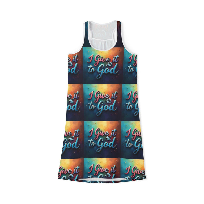 Inspirational women's racerback dress with "I Give it All to God" faith-based print, casual summer style with high cut neckline and vibrant colors.