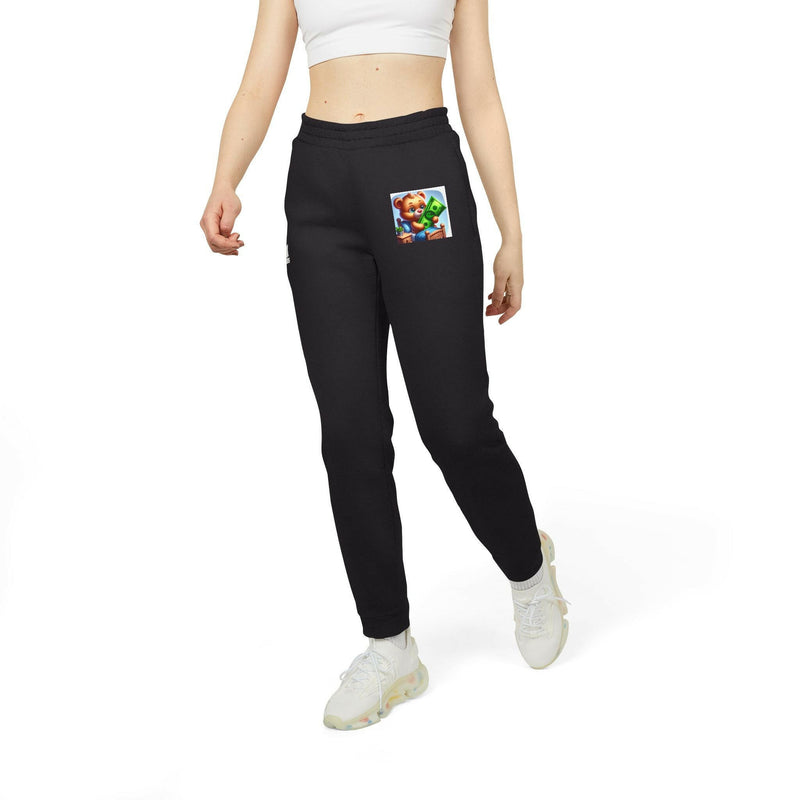 Woman wearing cozy unisex fleece joggers with elastic waistband and tapered cuffs, styled for casual and athletic wear
