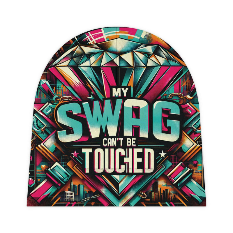 Trendy baby beanie with vibrant "My Swag Can't Be Touched" graphic design, stylish infant hat for newborns and toddlers.