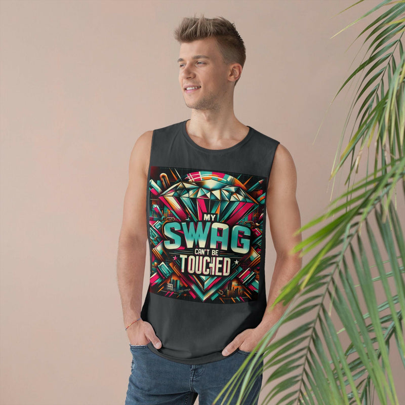 Man wearing a black unisex graphic tank top with colorful "My Swag Can't Be Touched" design, casual summer wear