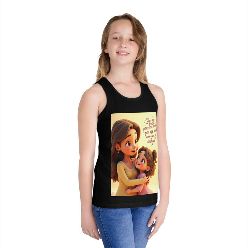 Inspirational kid's jersey tank top with a colorful illustration of a mother and child and positive affirmation text, breathable and comfortable for everyday wear.