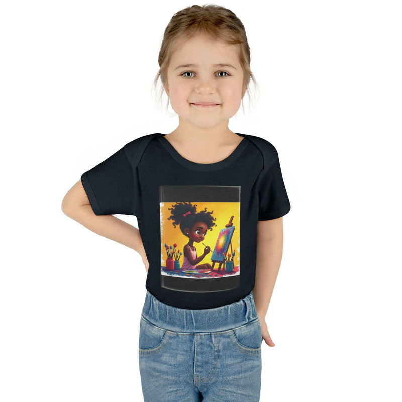 baby bodysuit featuring a colorful illustration of a toddler painting on an easel, comfortable unisex infant romper in black cotton