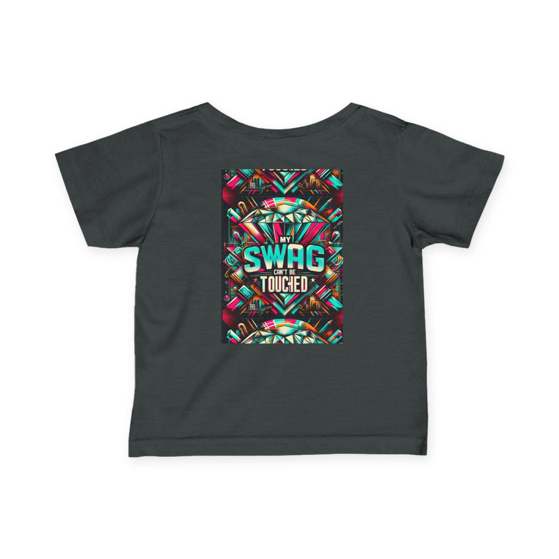 Cool infant fine jersey tee in dark gray with colorful "My Swag Can't Be Touched" graphic print on the back, soft cotton blend baby shirt for trendy toddlers.