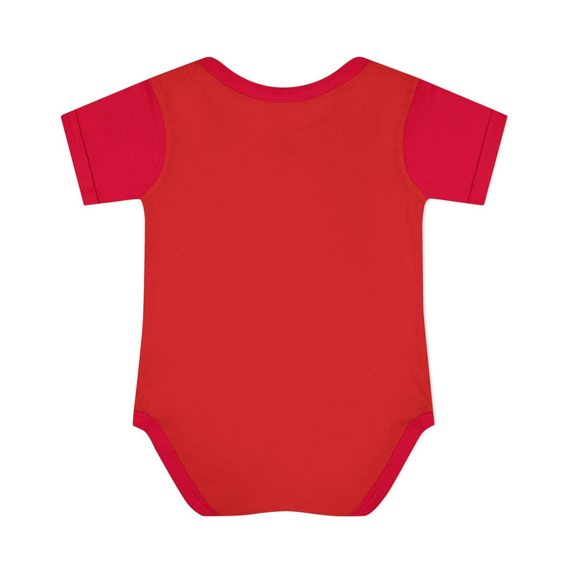 Red baby bodysuit with short sleeves, soft cotton fabric, and unisex design for infants.