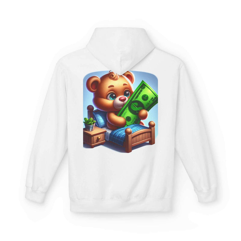 White unisex hoodie with a colorful bear holding a large dollar bill graphic on the back, soft fleece pullover sweatshirt.