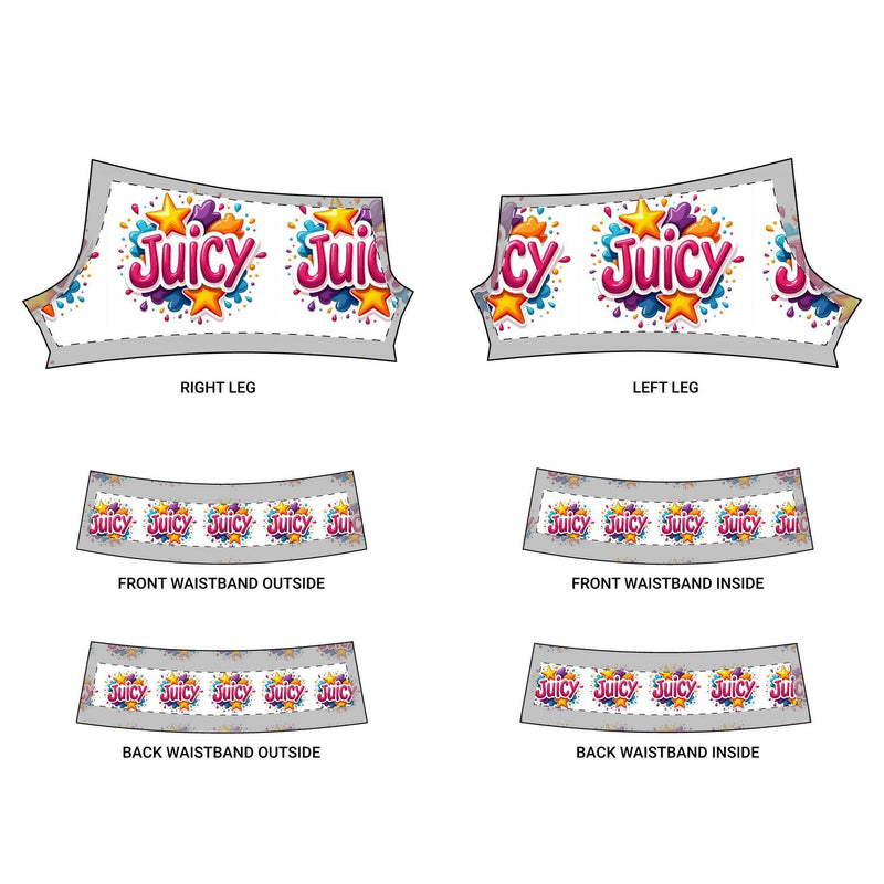 Juicy Celebration women's yoga shorts with vibrant colorful design and logo pattern on white background