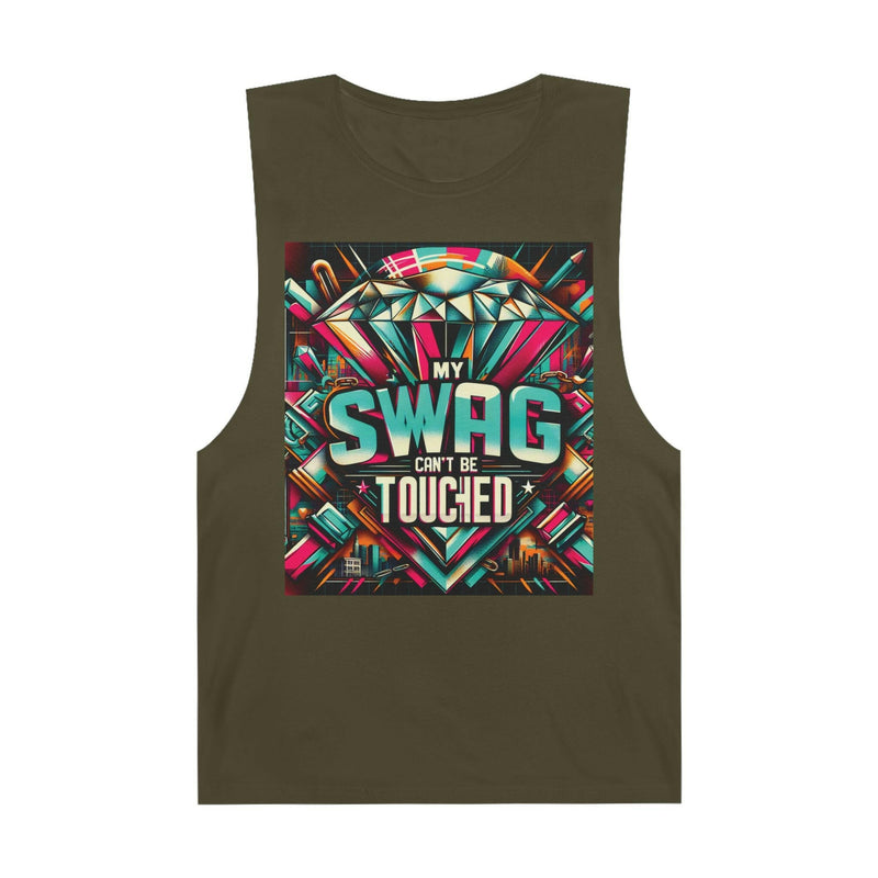 Unisex graphic tank top with colorful "My Swag Can't Be Touchied" design, casual summer wear for beach and festivals