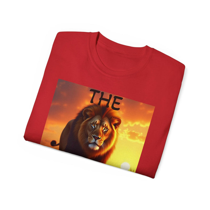 Red Lion King Unisex Ultra Cotton Tee with bold lion graphic and sunset background