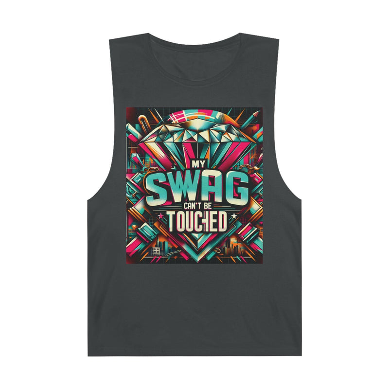 Unisex graphic tank top with colorful "My Swag Can't Be Touchied" design on black sleeveless casual summer shirt.