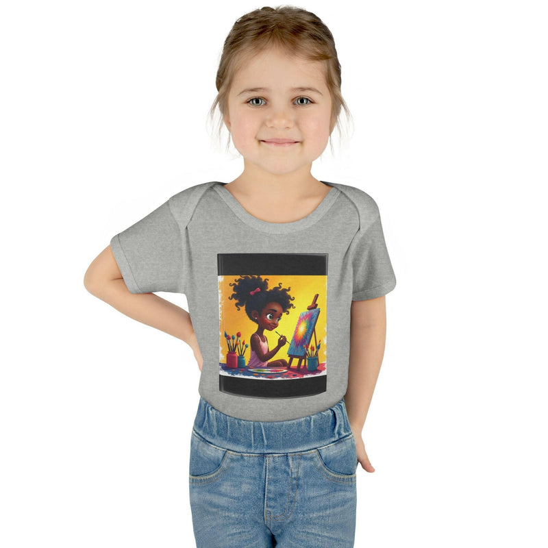 Toddler wearing gray t-shirt with colorful painting girl graphic, paired with blue jeans, casual kids outfit illustration