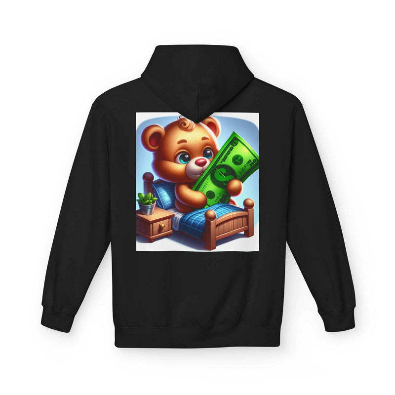 Black unisex fleece hoodie with a colorful teddy bear holding a dollar bill graphic on the back, soft and lightweight casual pullover sweatshirt.