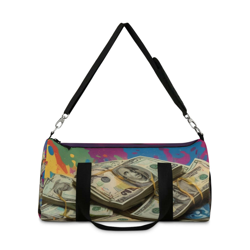Vibrant Money duffel bag showcasing durable design and vibrant colors, ideal for stylish travel and daily use.