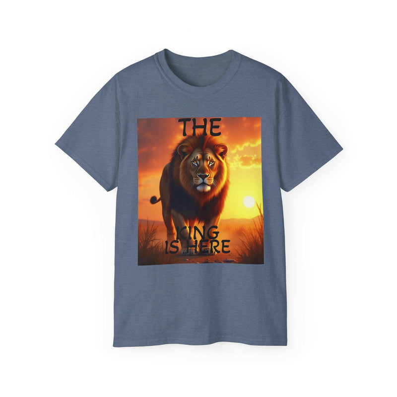 Unisex ultra cotton tee featuring a bold lion graphic with sunset background and "The King is Here" text design