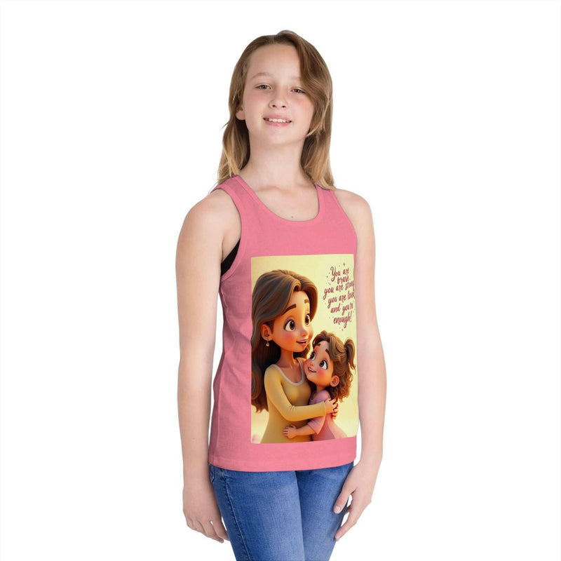 Child wearing pink inspirational kid's jersey tank top with mother and child graphic and uplifting message