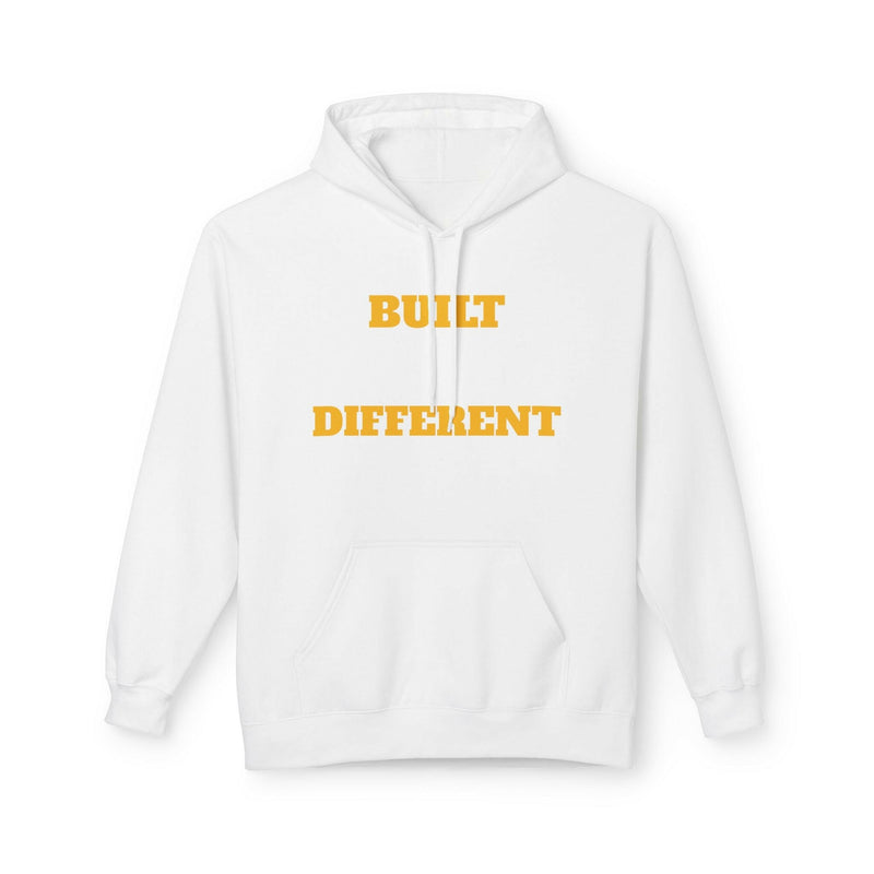 White unisex hoodie with Built Different Blessing text in bold orange, soft fleece, lightweight casual pullover with pouch pocket and 2-piece hood.