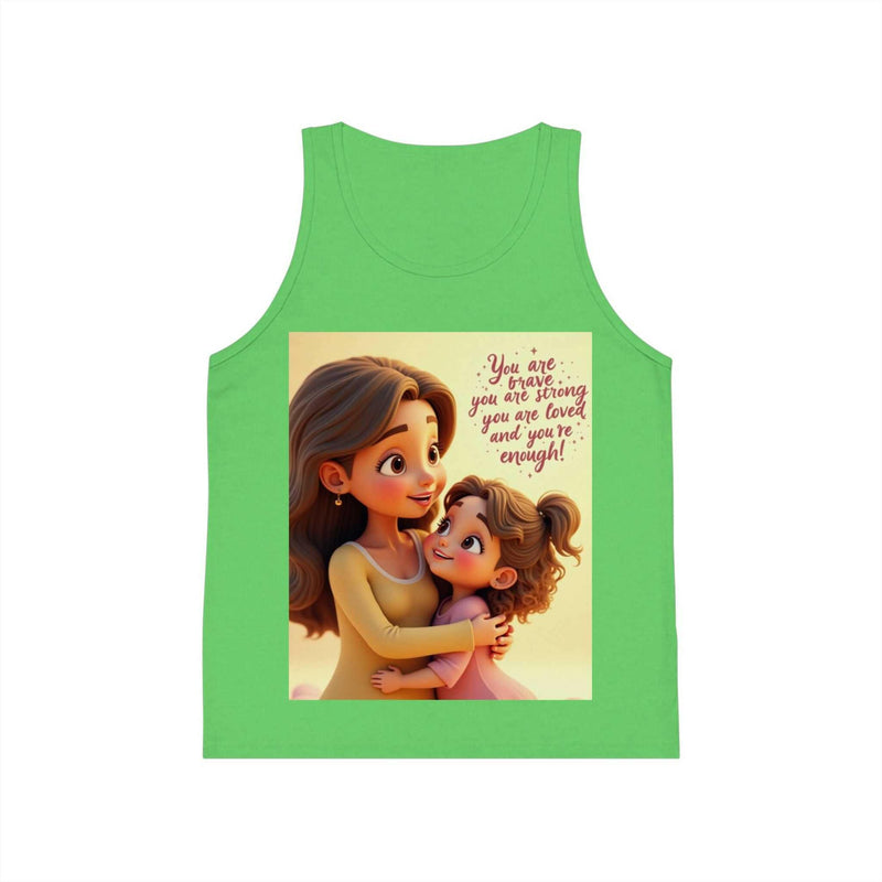 Green inspirational kid's jersey tank top with a loving mother and child illustration and positive affirmation text.