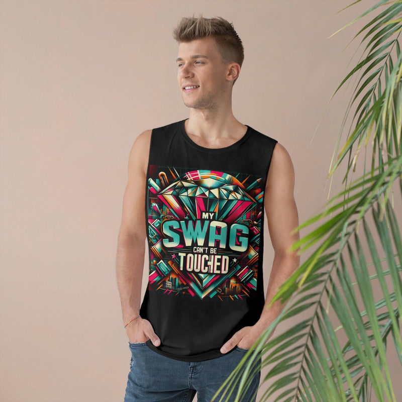 Unisex black graphic tank top with colorful "My Swag Can't Be Touched" design, casual summer wear.