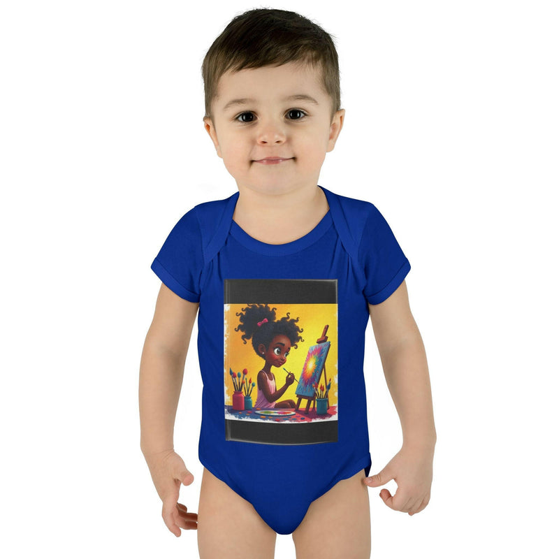 Infant wearing blue baby bodysuit with colorful painting of a girl artist on front, comfortable and unisex romper for toddlers