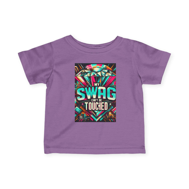 Purple cool infant fine jersey tee with colorful "My Swag Can't Be Touched" graphic for trendy baby fashion and playtime wear