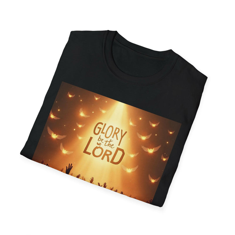Black unisex Softstyle T-shirt with "Glory be to the Lord" inspirational Christian design and glowing doves background