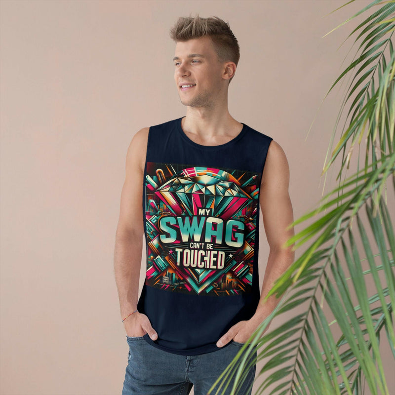 Man wearing navy unisex graphic tank top with colorful "My Swag Can't Be Touched" design, casual summer wear.