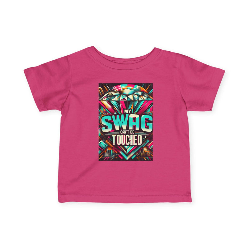 Pink infant fine jersey tee with colorful "My Swag Can't Be Touched" graphic print, soft cotton fabric, and classic fit for toddlers.