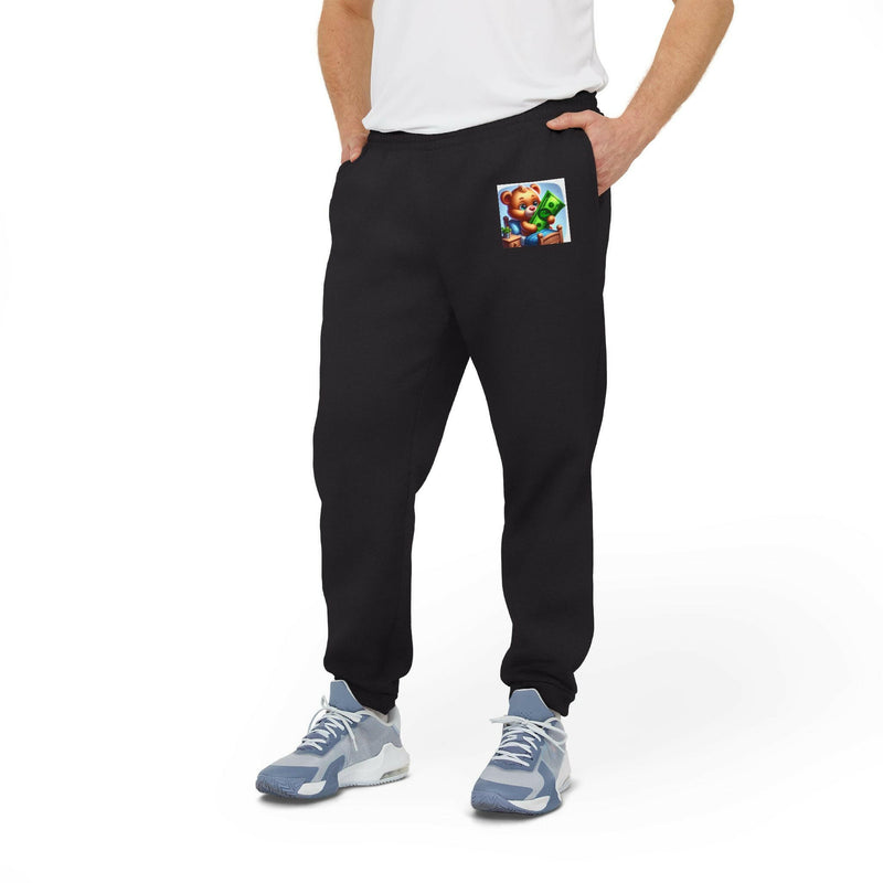 Cozy unisex fleece joggers with elastic waistband, cuffed hems, side and back pockets, made from sustainable materials, featuring a colorful gamer-themed graphic.